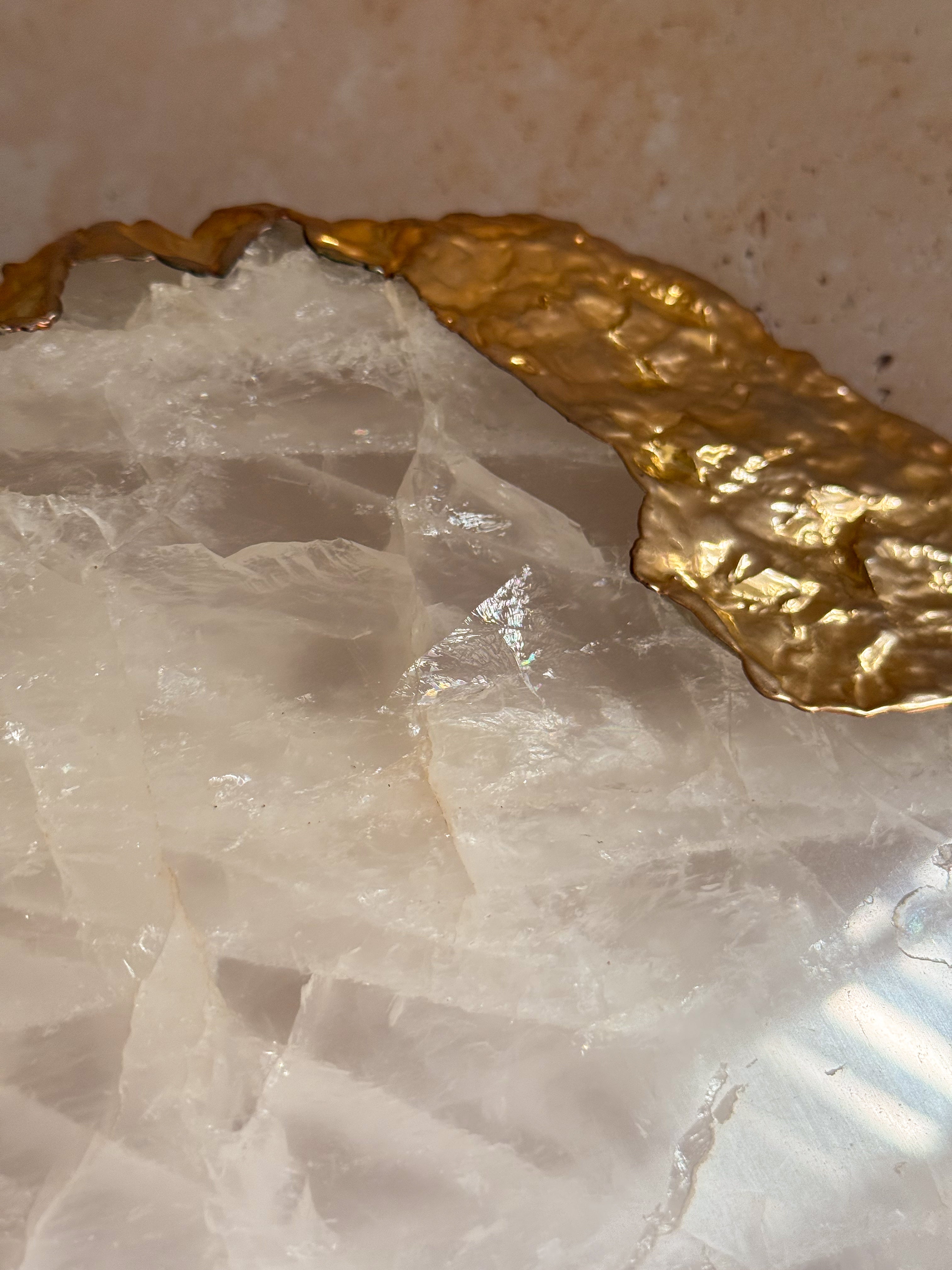 Large Brazilian Clear Quartz Platter with 14k Gold Plating