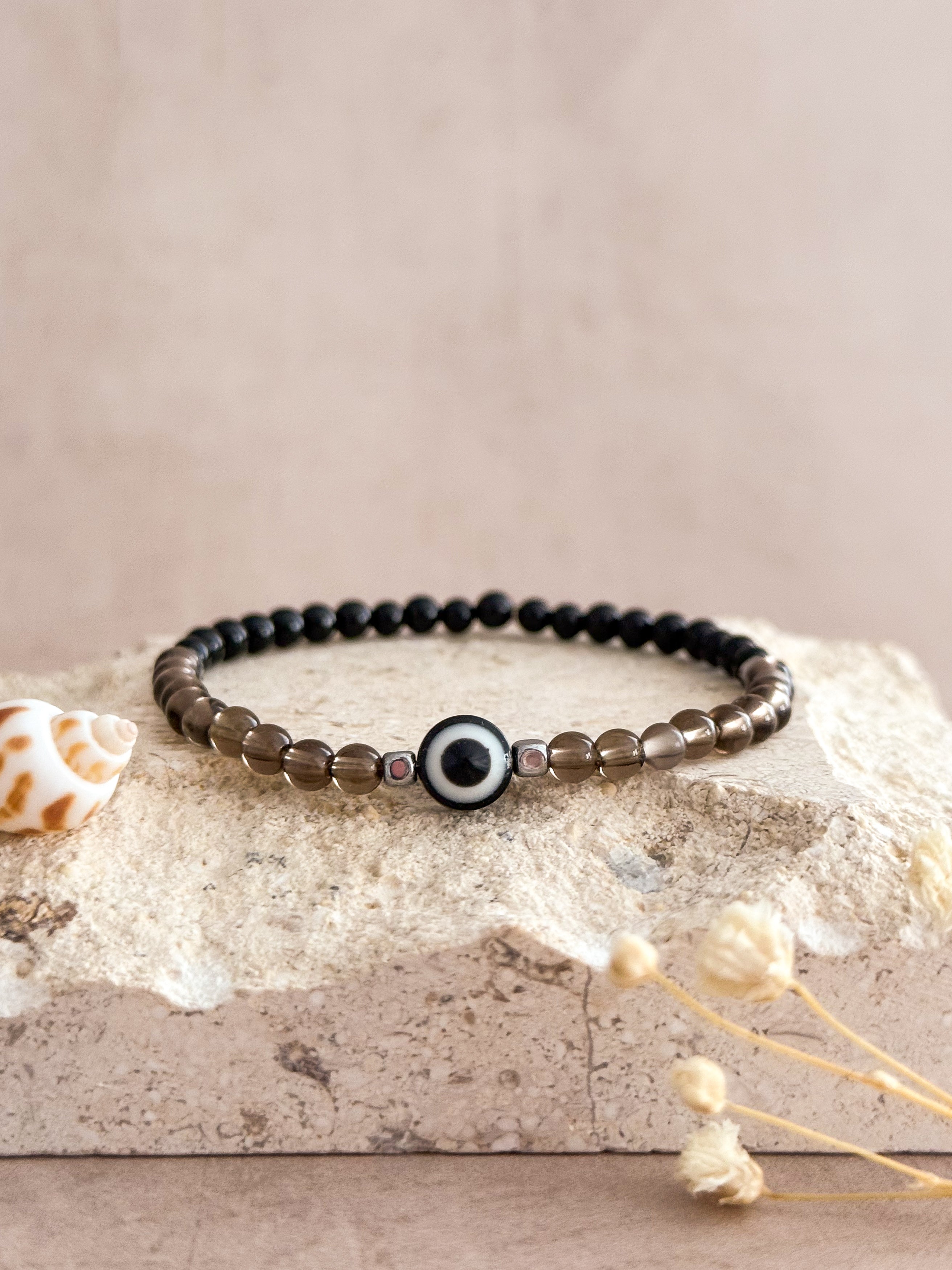 Smoky Quartz & Black Agate Evil Eye Bracelet