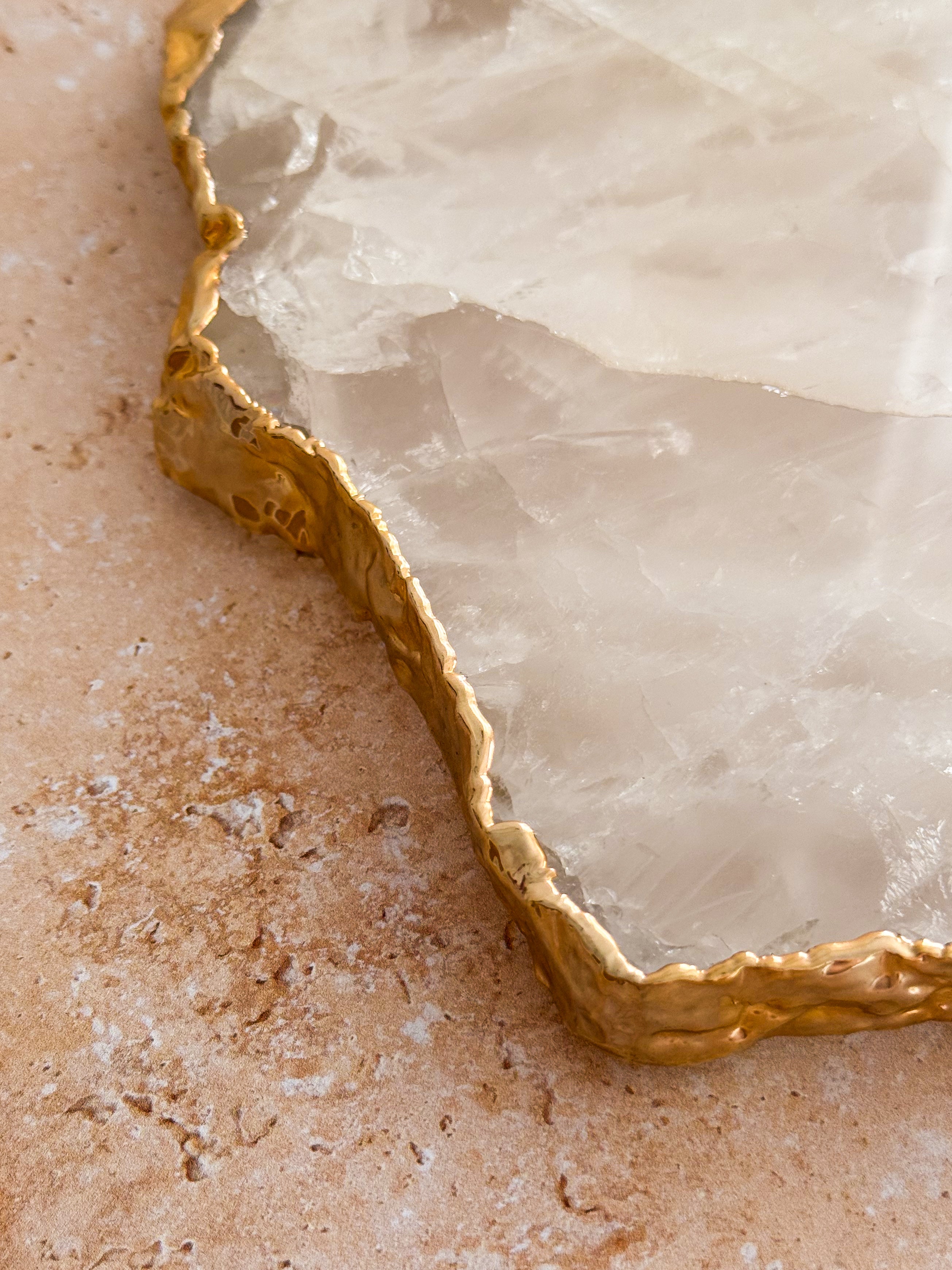 Large Brazilian Clear Quartz Platter with 14k Gold Plating