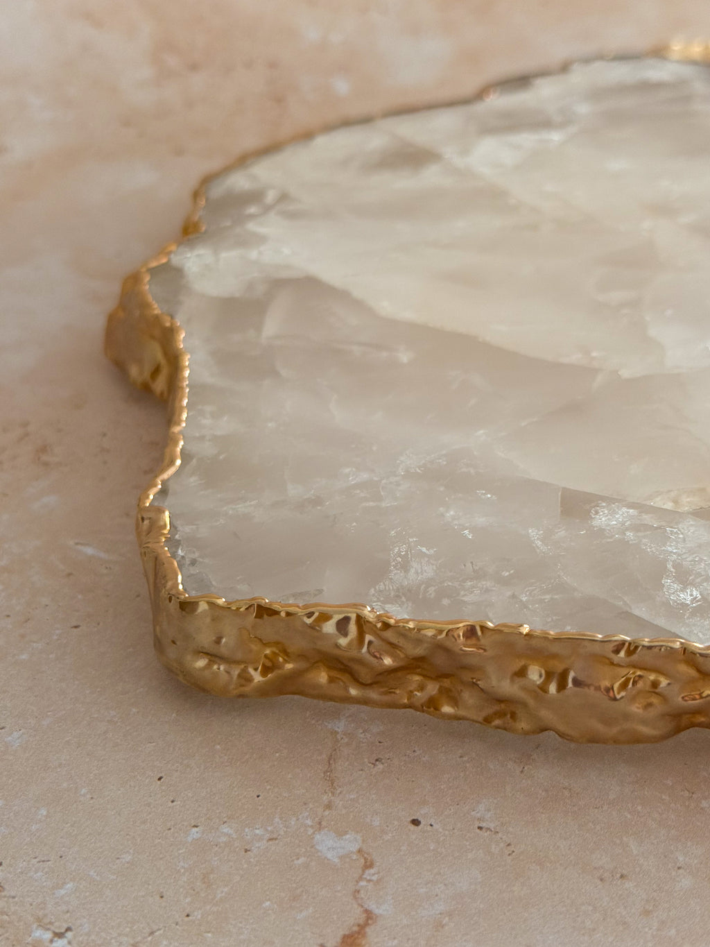 Large Brazilian Clear Quartz Platter with 14k Gold Plating