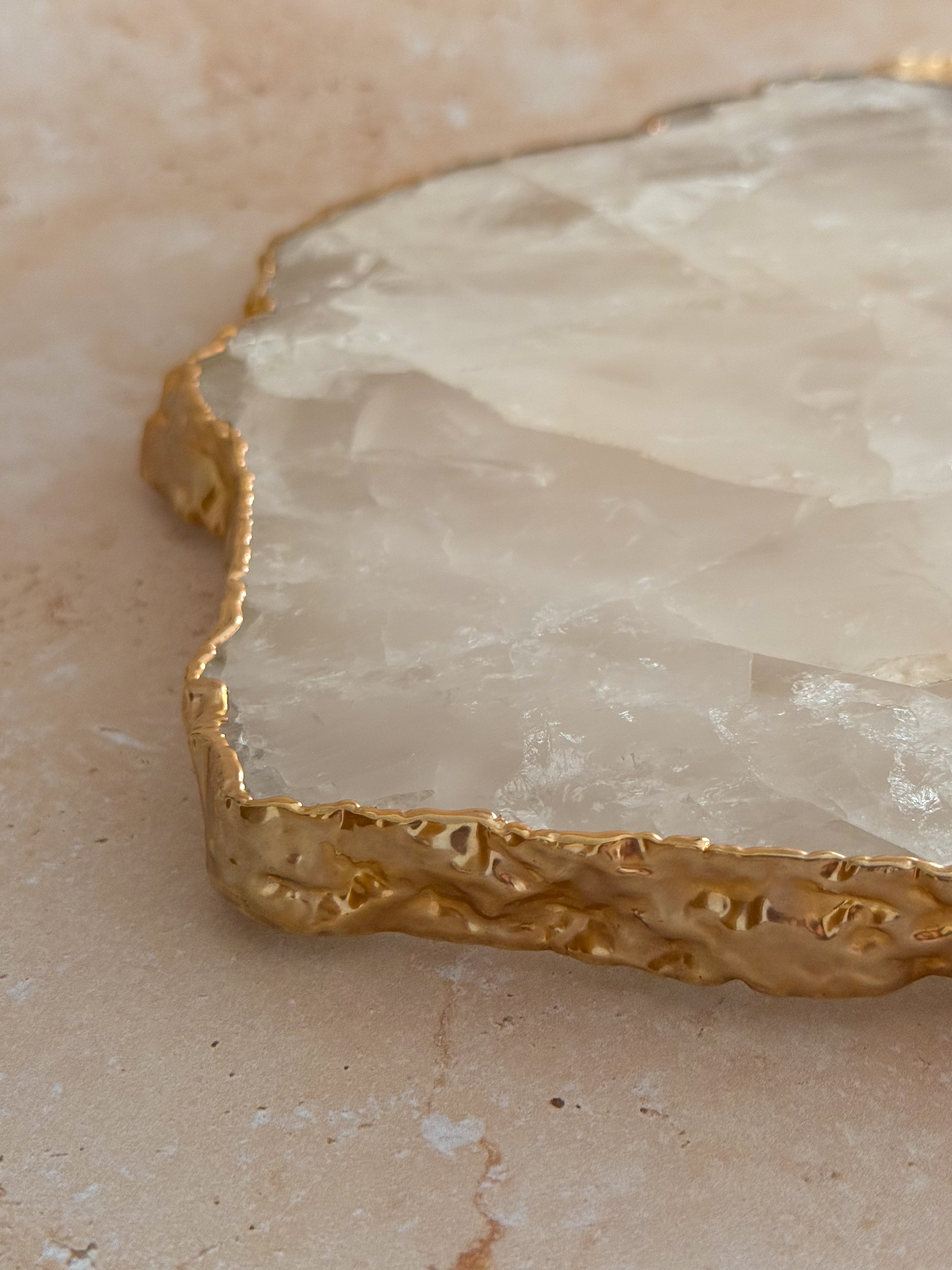 Large Brazilian Clear Quartz Platter with 14k Gold Plating