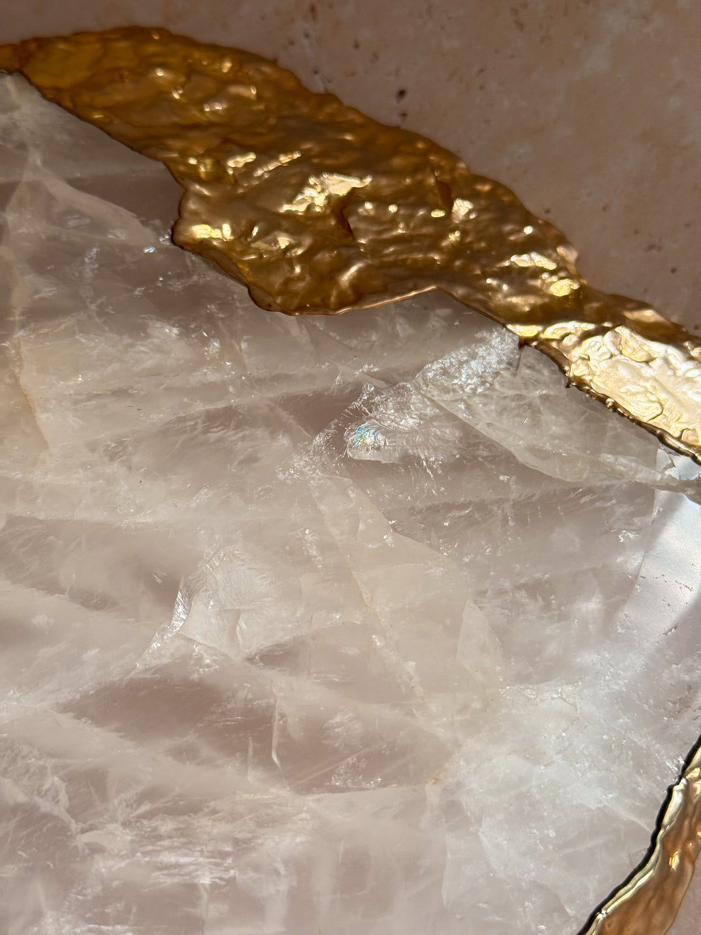 Large Brazilian Clear Quartz Platter with 14k Gold Plating