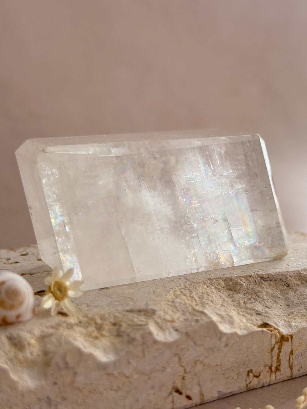 Polished Optical Calcite with Rainbows | India