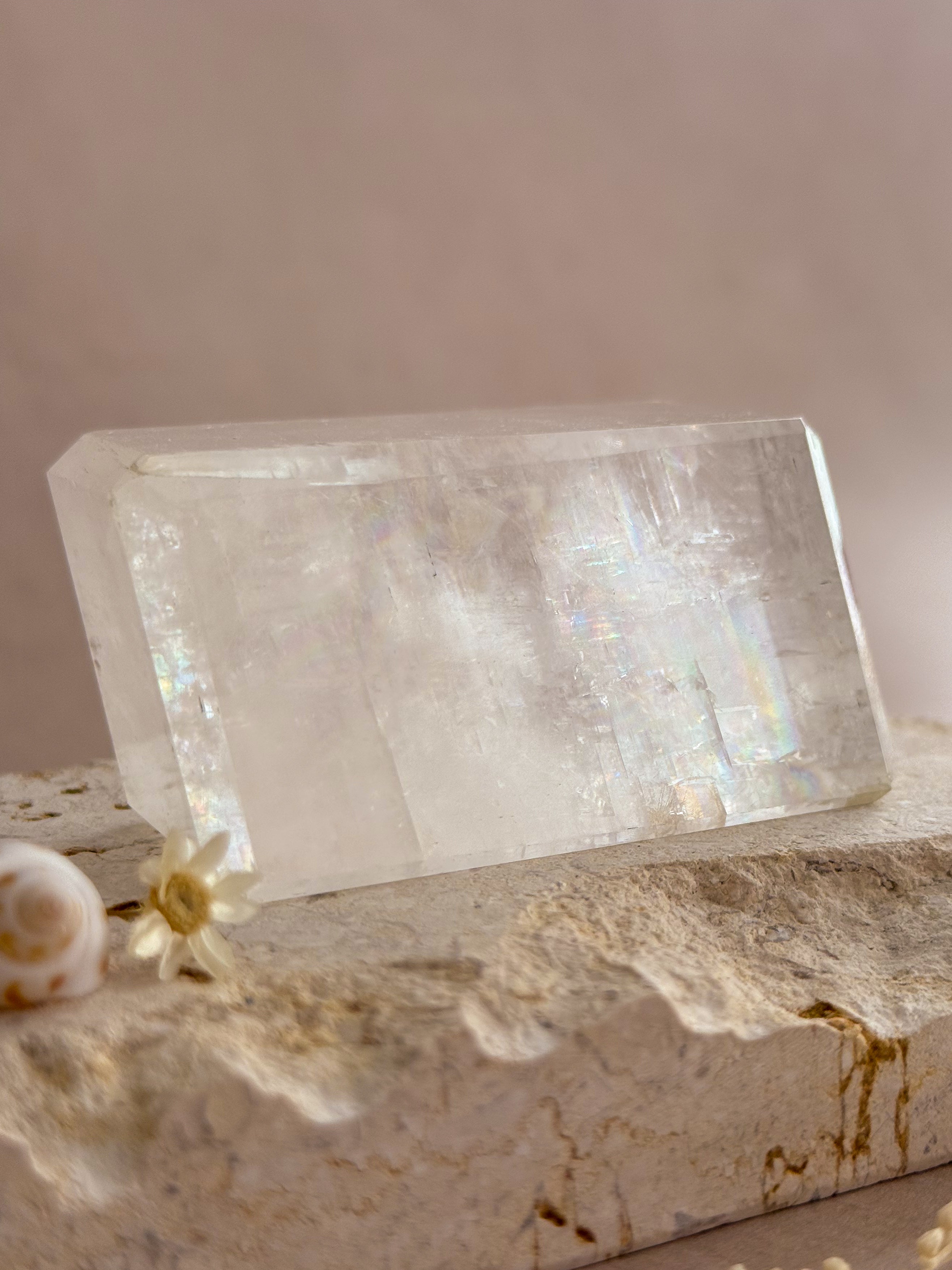 Polished Optical Calcite with Rainbows | India