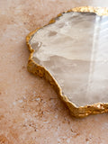Large Brazilian Clear Quartz Platter with 14k Gold Plating
