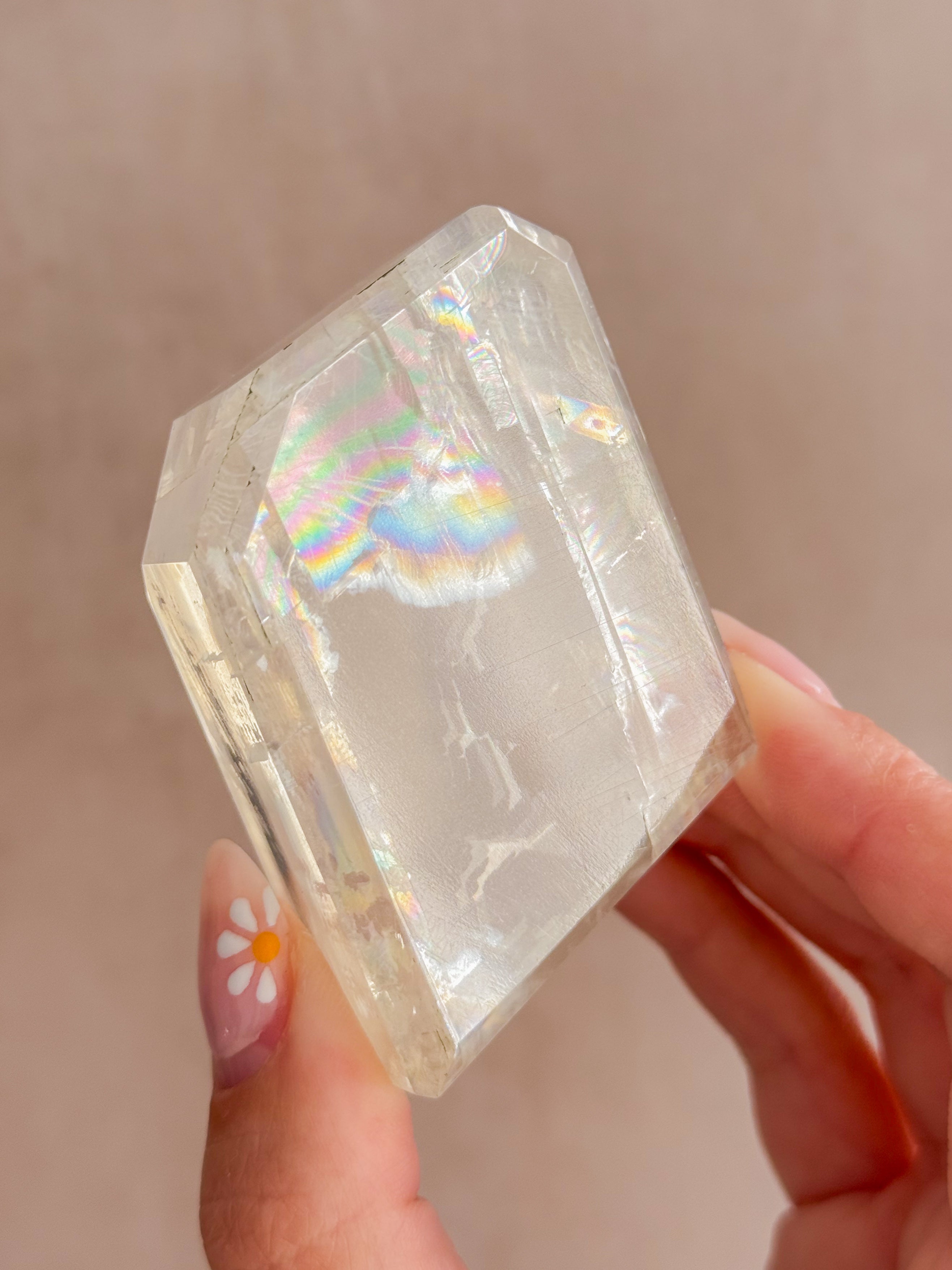 Polished Optical Calcite with Rainbows | India