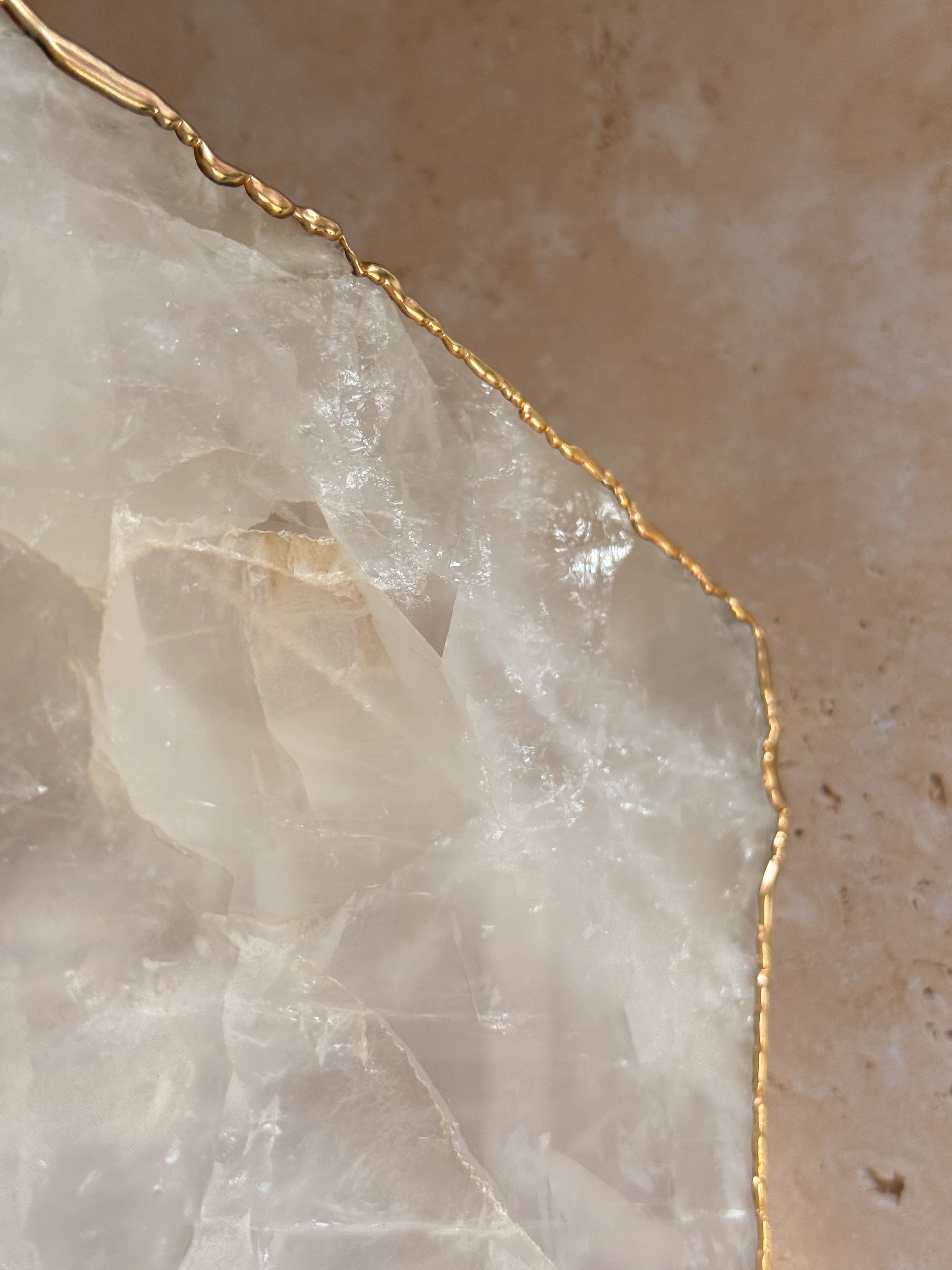 Large Brazilian Clear Quartz Platter with 14k Gold Plating
