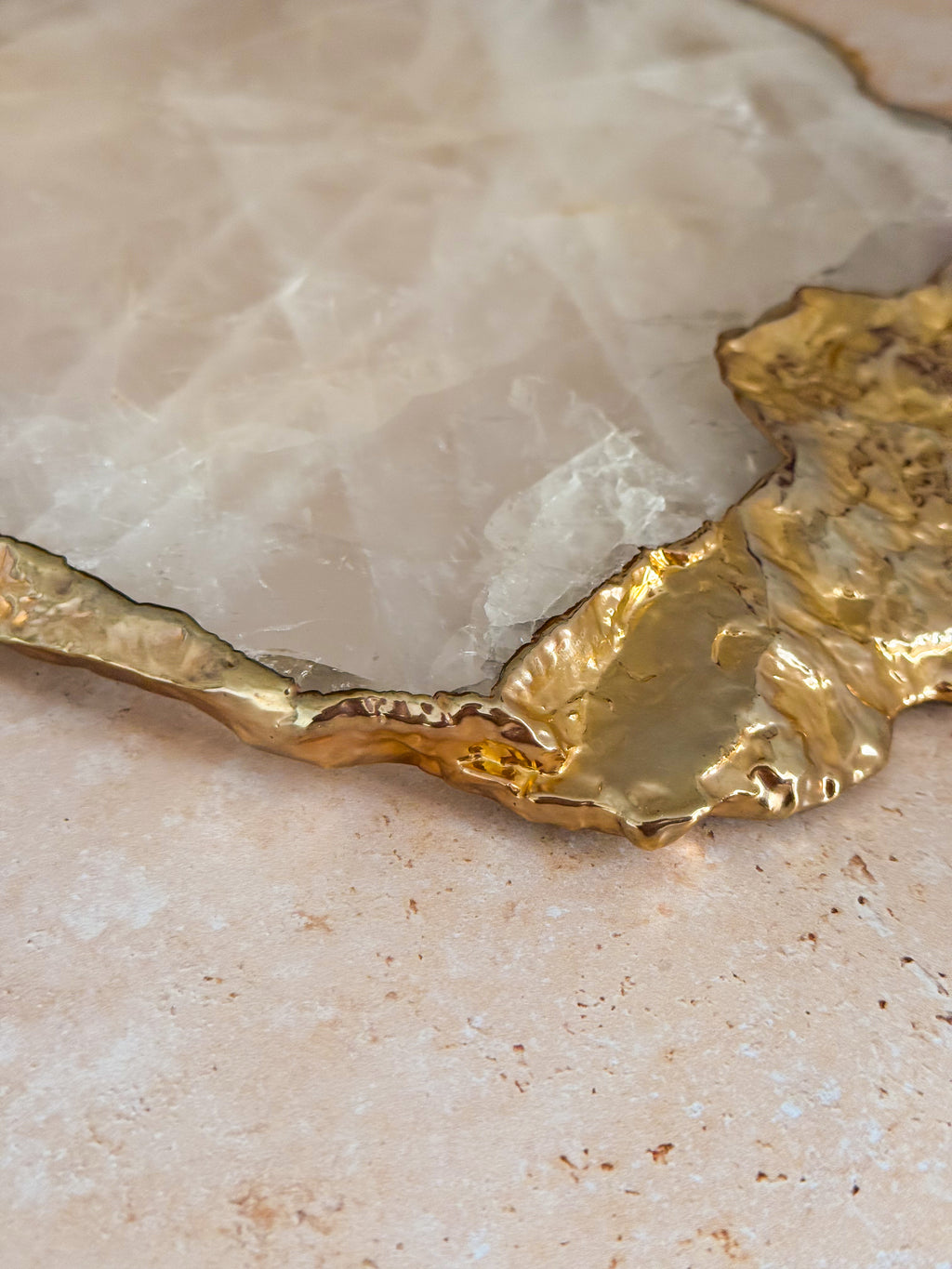 Large Brazilian Clear Quartz Platter with 14k Gold Plating