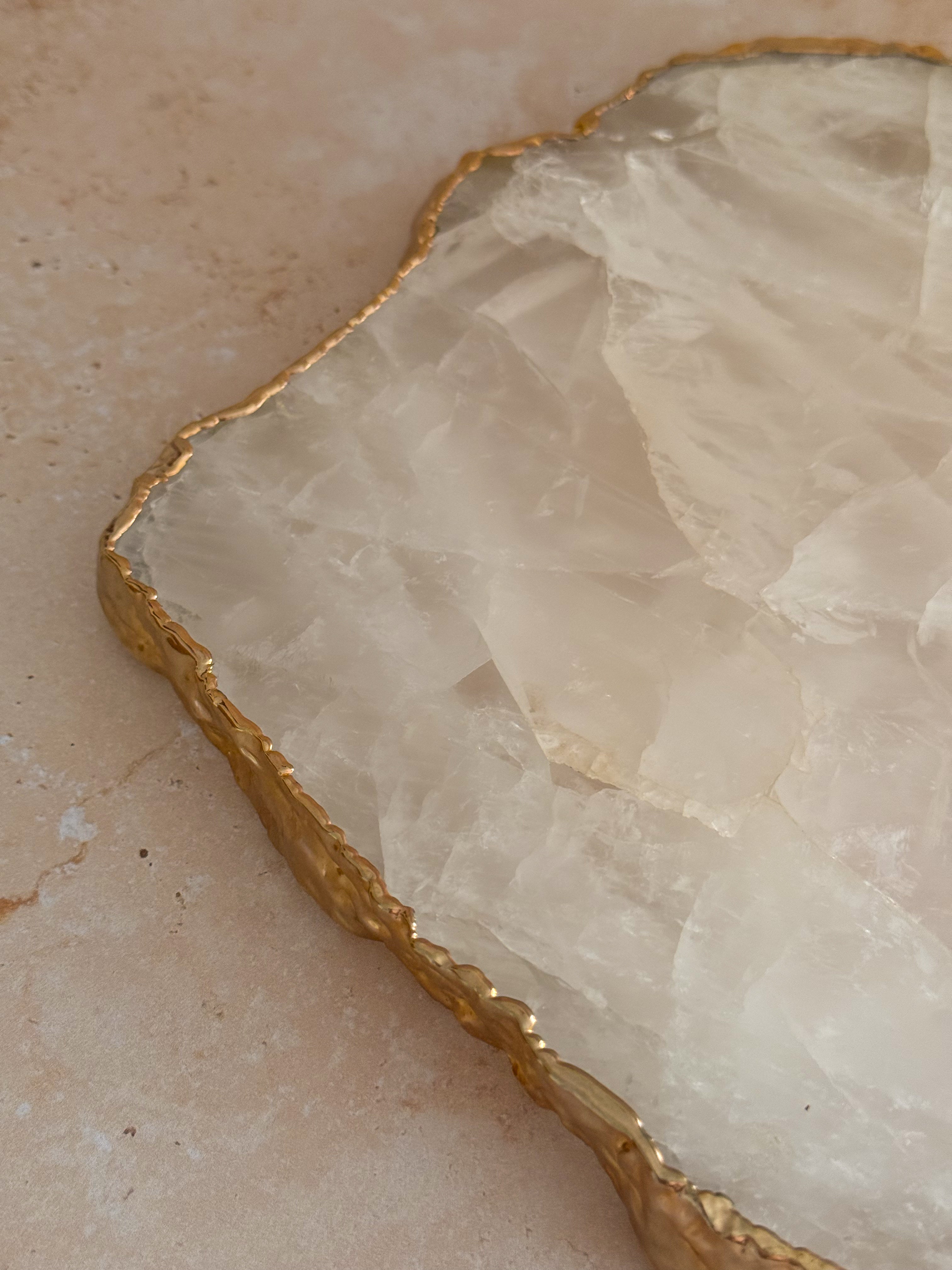 Large Brazilian Clear Quartz Platter with 14k Gold Plating