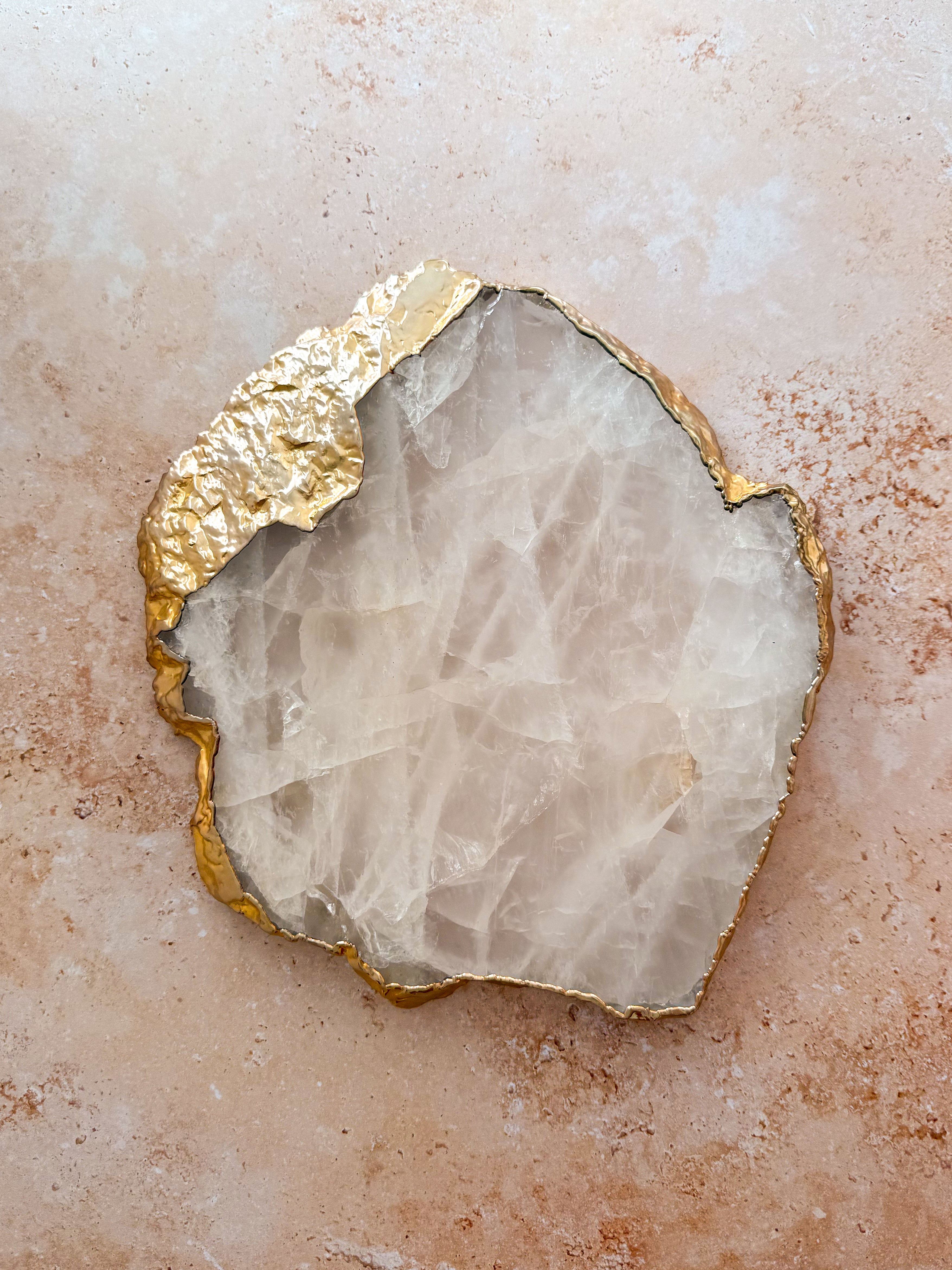 Large Brazilian Clear Quartz Platter with 14k Gold Plating