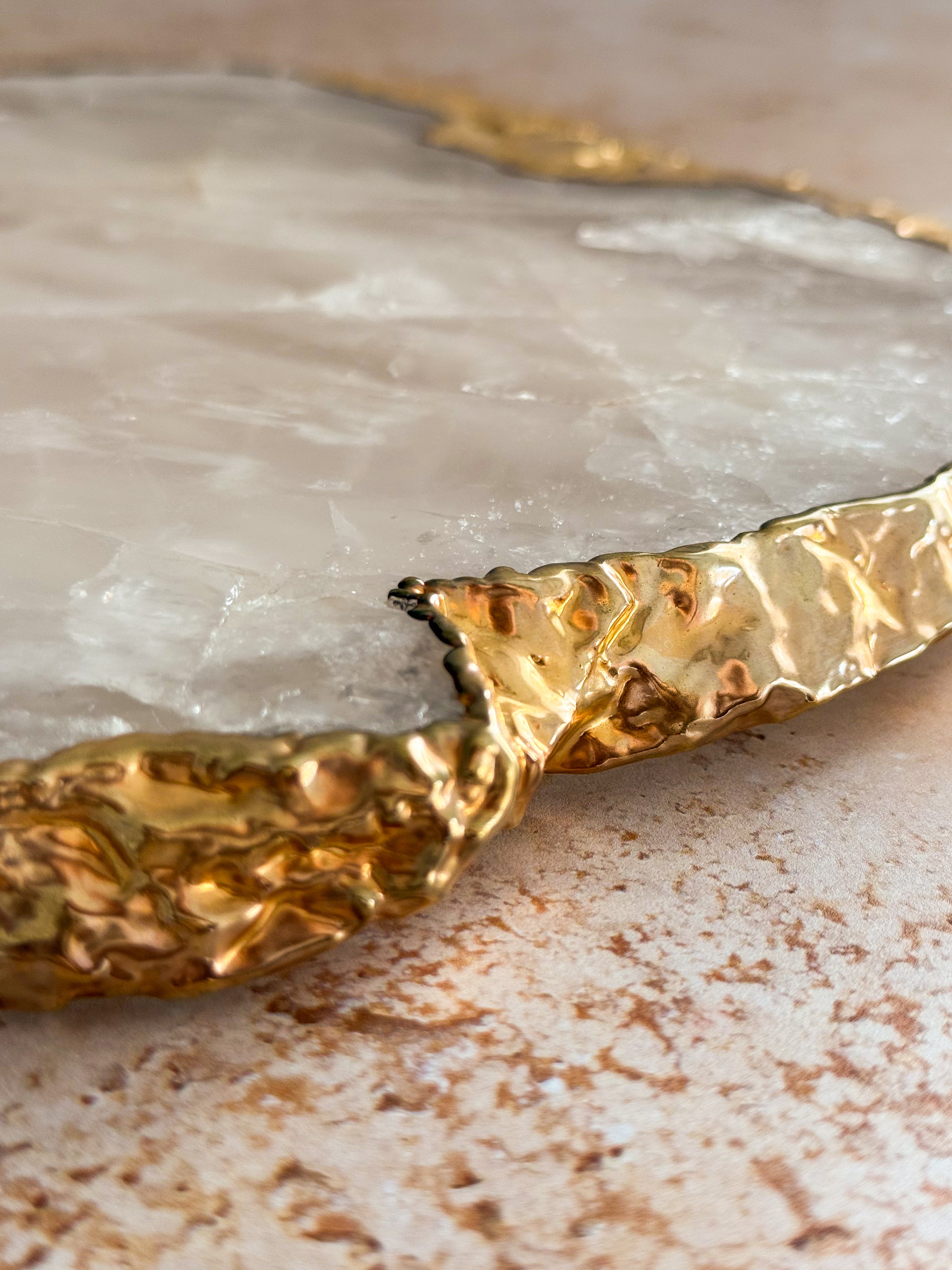 Large Brazilian Clear Quartz Platter with 14k Gold Plating